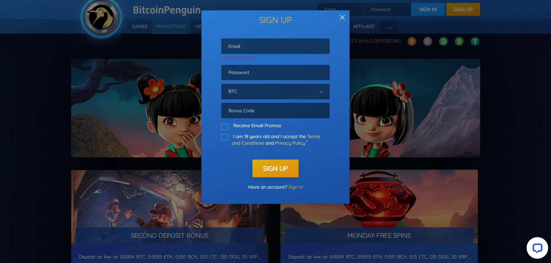 BitcoinPenguin Casino Screenshot