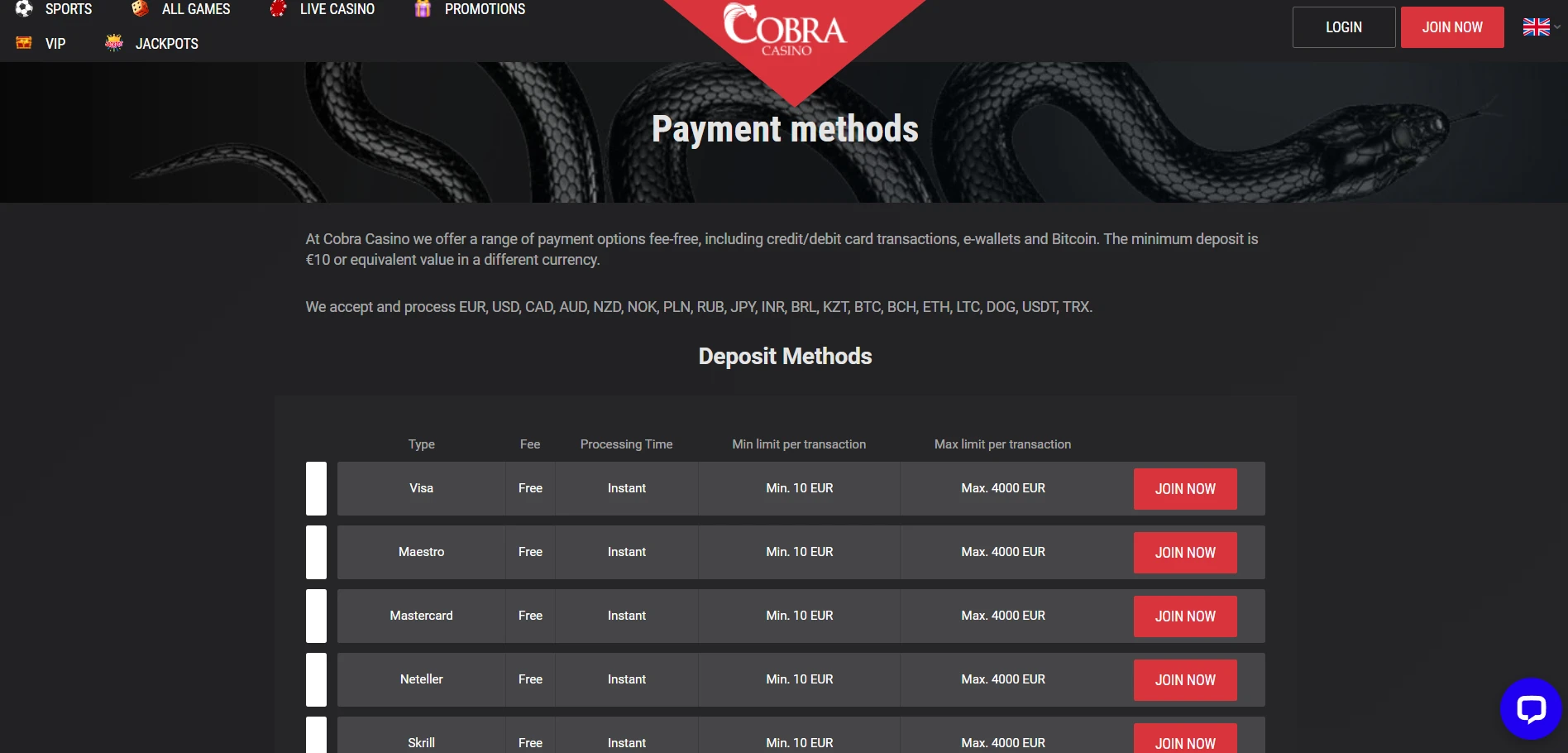 Cobra Casino Screenshot