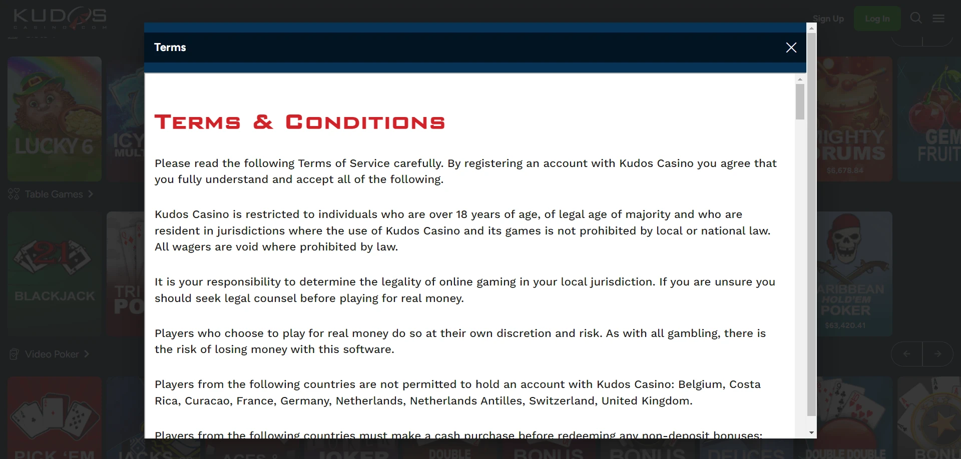 Kudos Casino Screenshot
