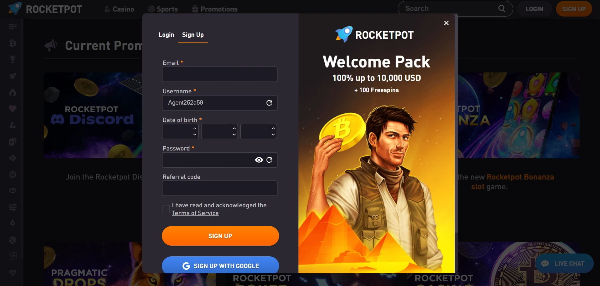 Rocketpot Casino Screenshot