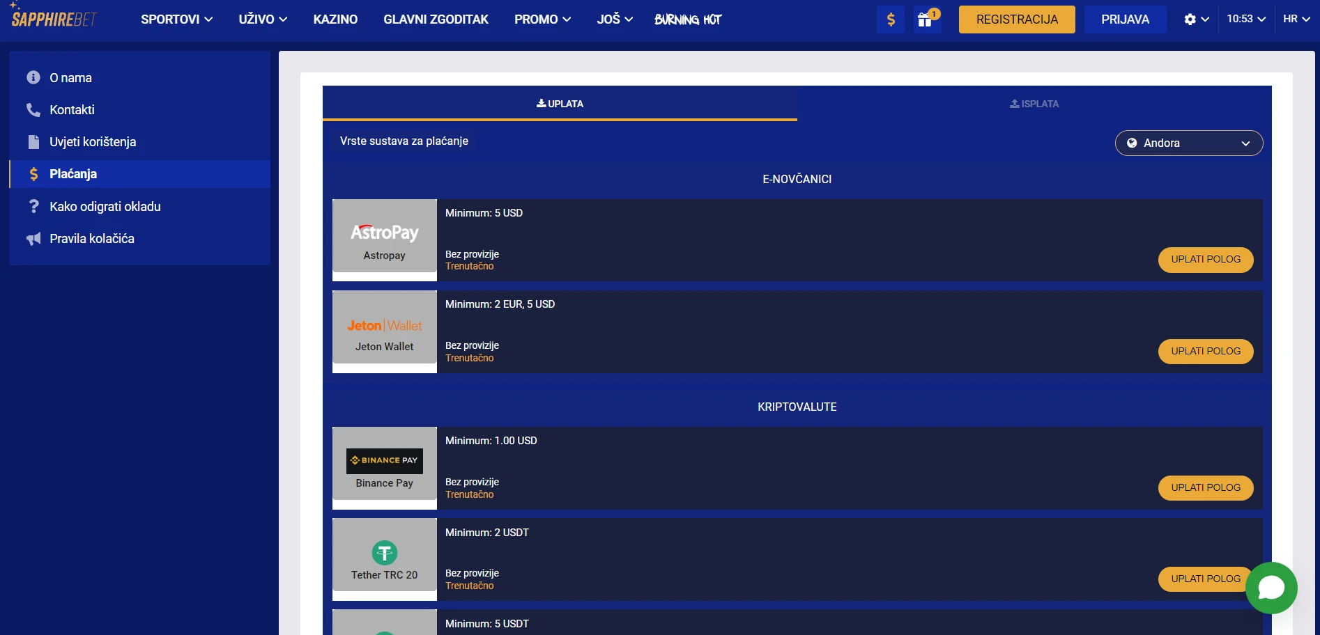 SapphireBet Casino Screenshot