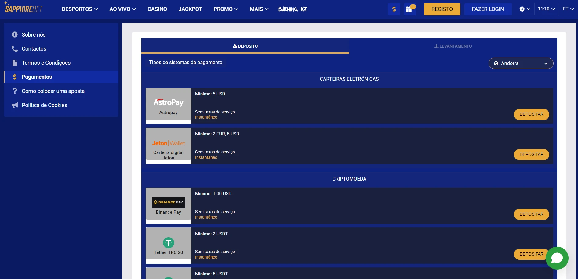 SapphireBet Casino Screenshot