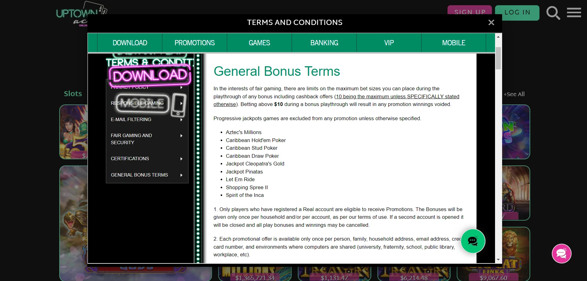 UpTown Aces Casino Screenshot