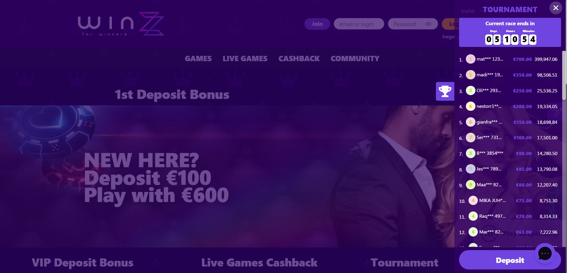 Winzz Casino Screenshot