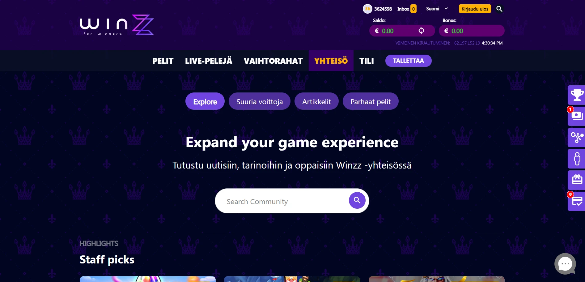 Winzz Casino Screenshot