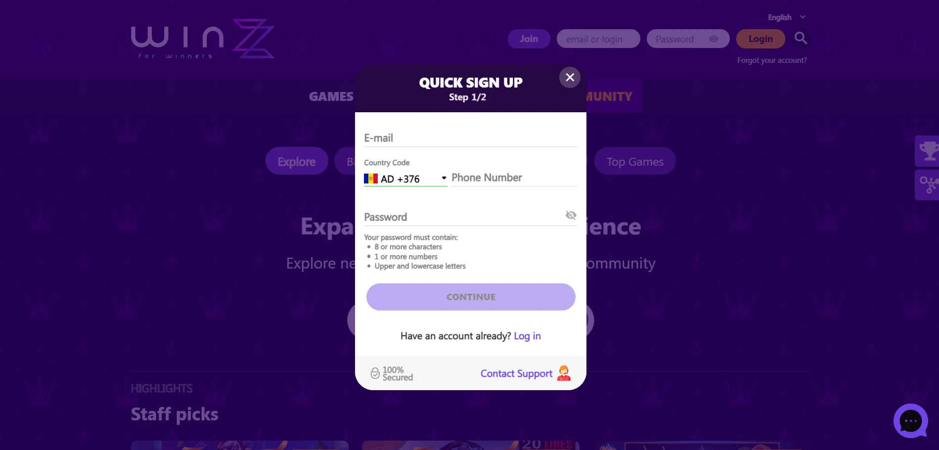 Winzz Casino Screenshot