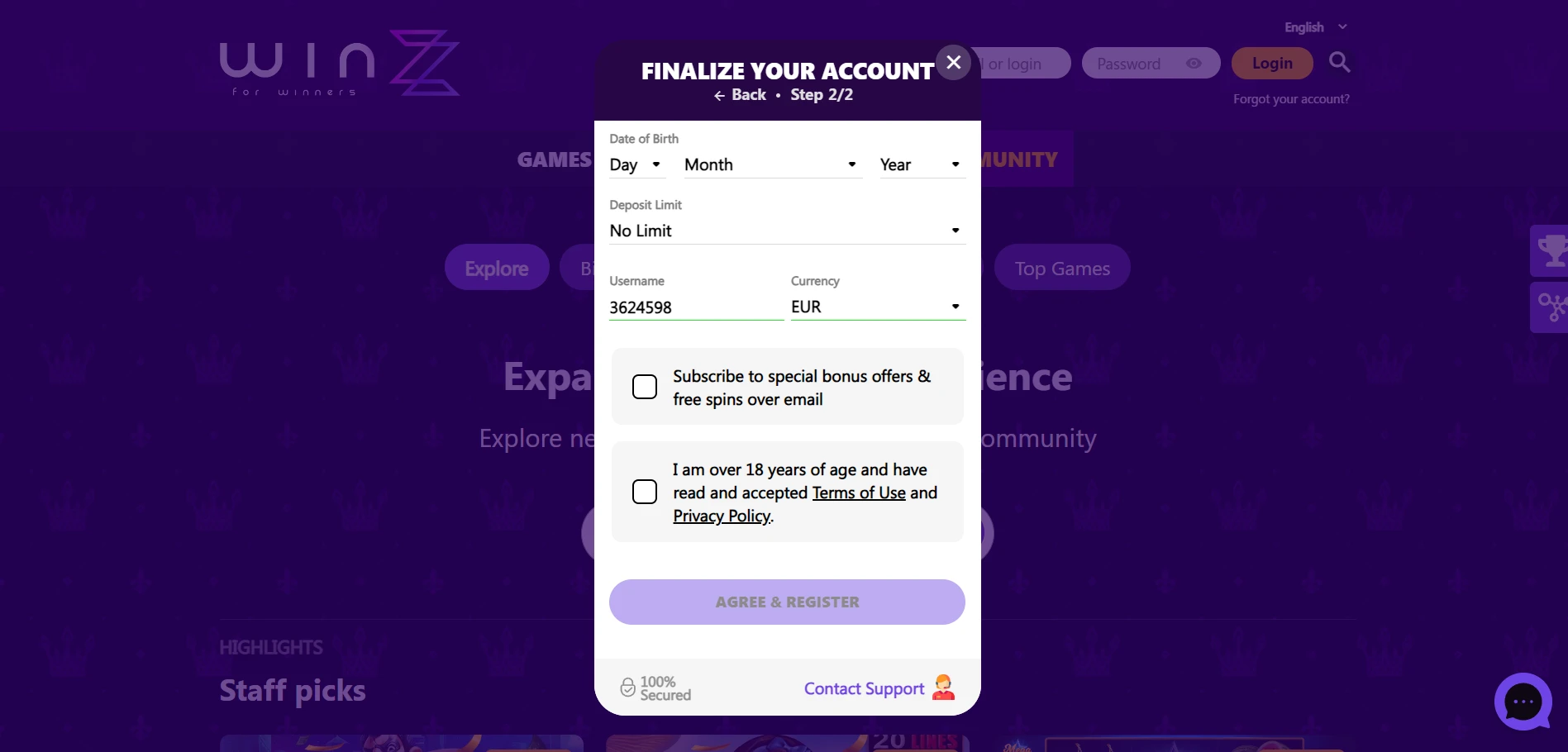 Winzz Casino Screenshot
