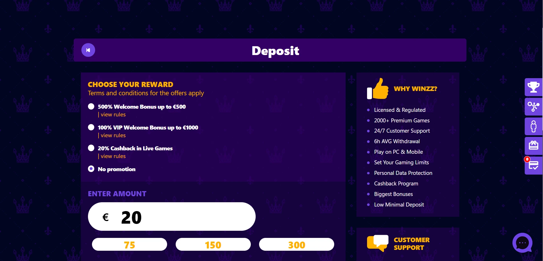 Winzz Casino Screenshot