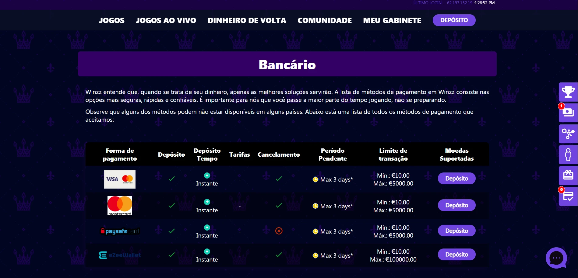 Winzz Casino Screenshot